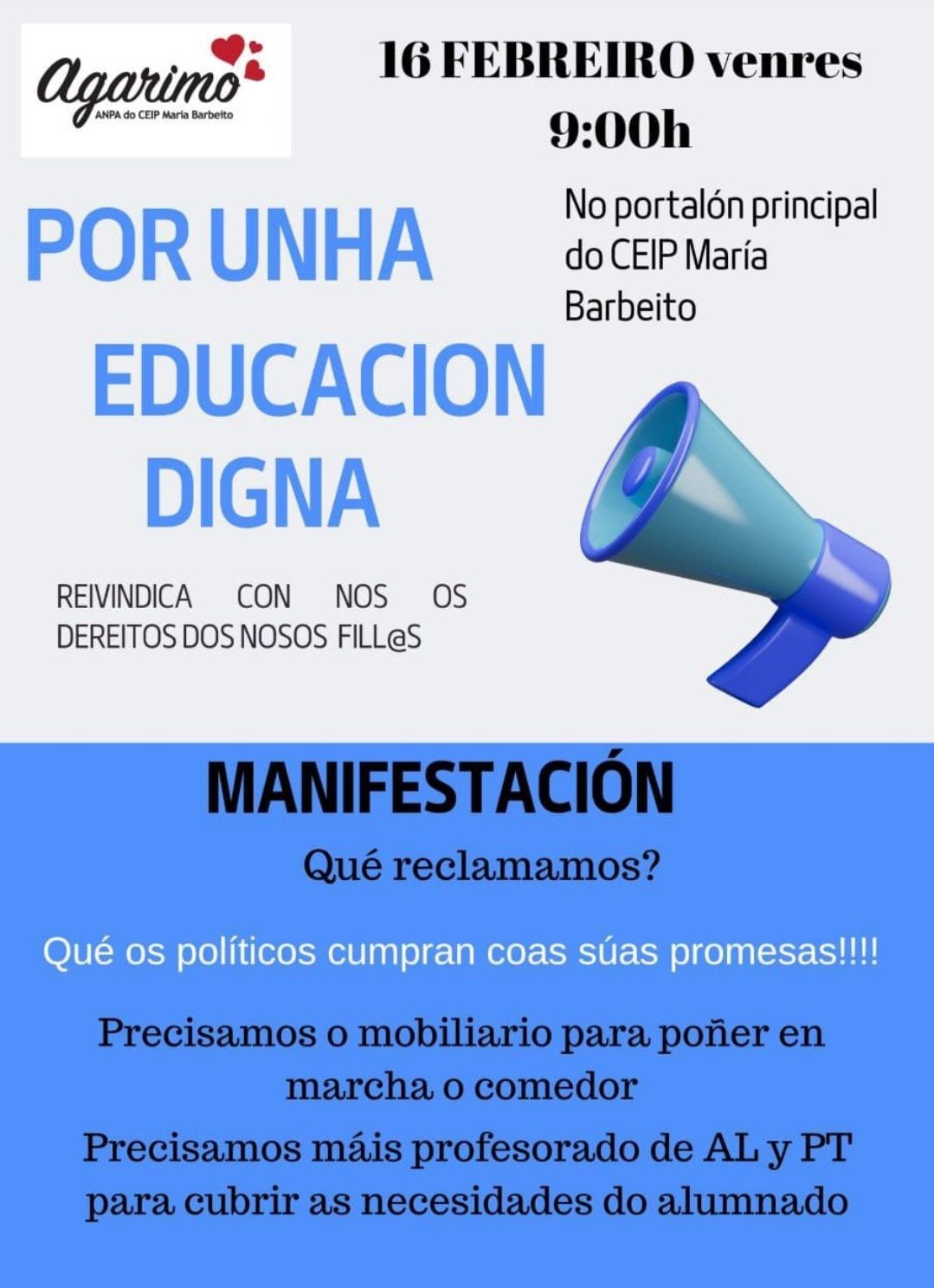 Cartel da convocatorio do ANPA do CEIP María Barbeito para este venres