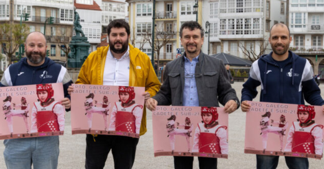 O concelleiro de deportes de Betanzos, Ricardo Cheda Faraldo xunto aos representantes do club Kwon na presentación do campionato galego de taekwondo cadete e sub 21