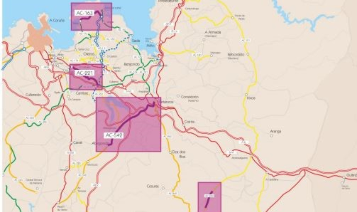 Plano de localizacións cos treitos obxecto das actuacións licitadas na Provincia da Coruña